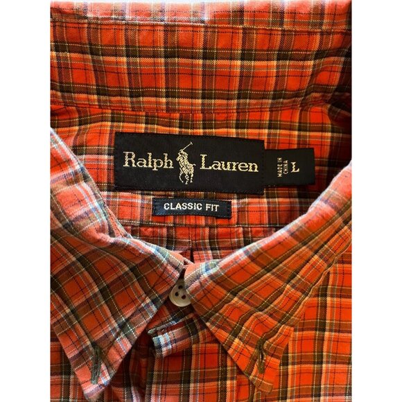 Ralph Lauren Large Long Sleeve Shirt Classic Fit Plaid Orange Preppy - Picture 4 of 5
